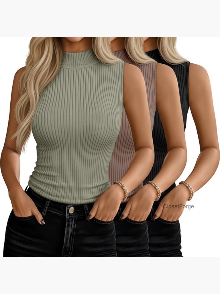 3 Pack Sleeveless Mock Turtleneck Tanks Ribbed Fitted Stretch